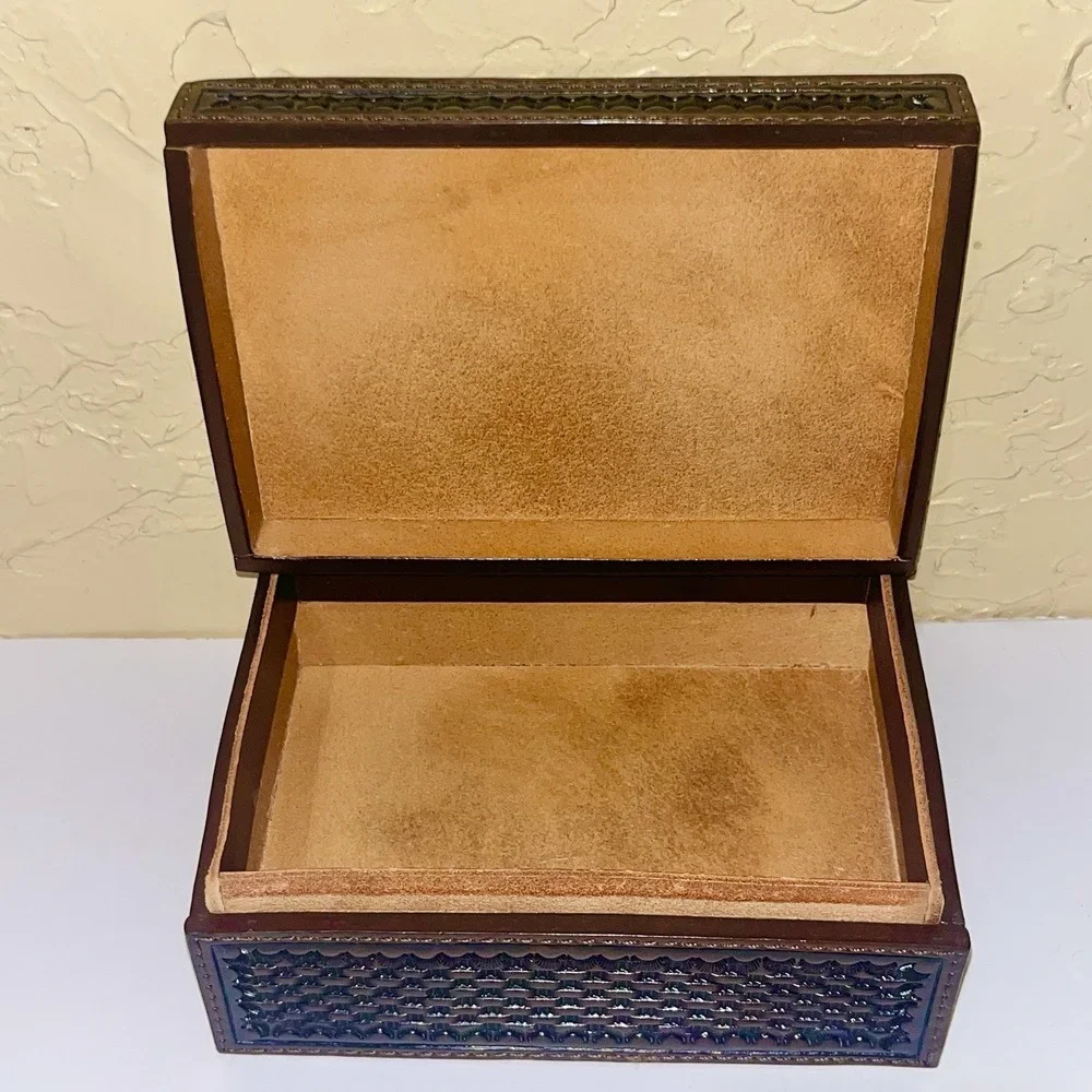 Tooled Leather Basket Weave Trinket Box with Lid Western Office